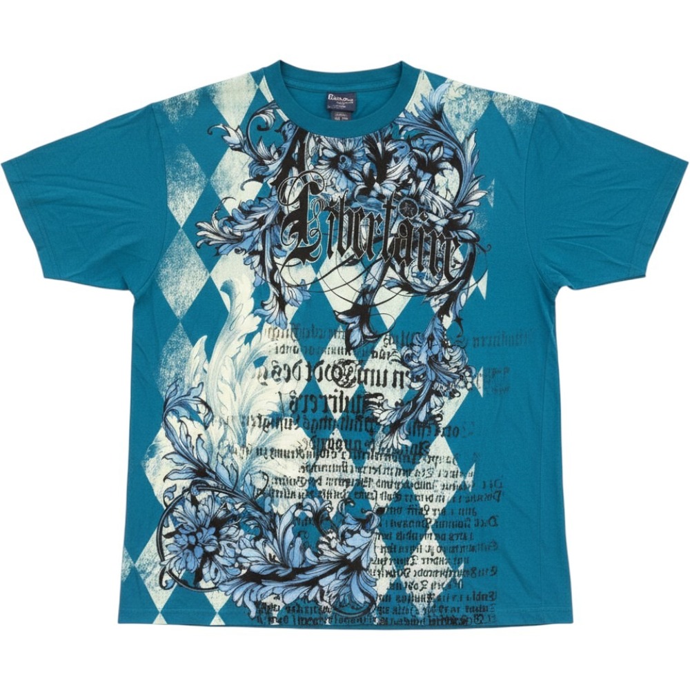 Bugle Boy Y2K Graphic T-Shirt XL Blue Gothic Tattoo Style Floral Scroll VTG